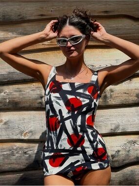 Vintage 50s 60s One Piece Swimsuit Red & Black Bombshell Pin Up Bathing Suit